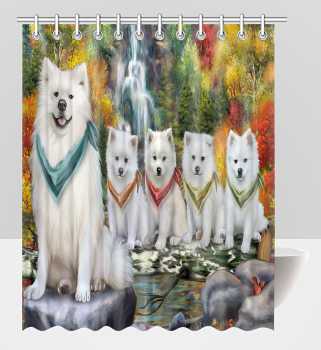 Scenic Waterfall American Eskimo Dogs Shower Curtain