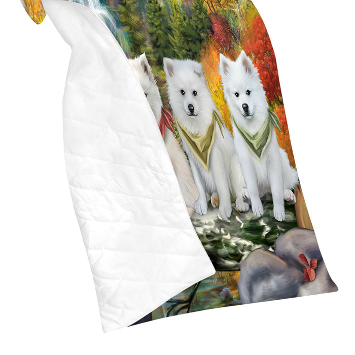 Scenic Waterfall American Eskimo Dogs Quilt