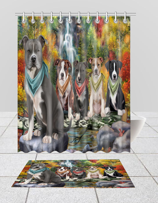 Scenic Waterfall American Staffordshire Dogs Bath Mat and Shower Curtain Combo