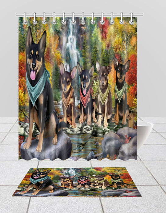 Scenic Waterfall Australian Kelpie Dogs Bath Mat and Shower Curtain Combo