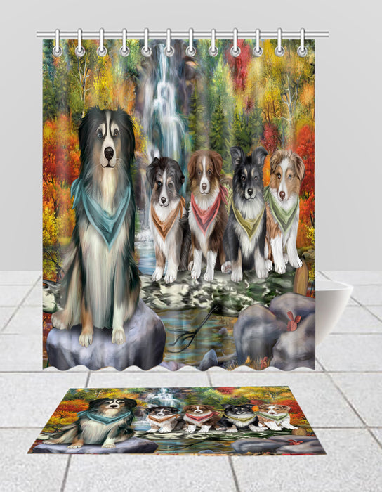 Scenic Waterfall Australian Shepherd Dogs Bath Mat and Shower Curtain Combo