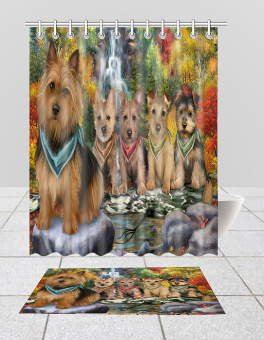 Scenic Waterfall Australian Terrier Dogs Bath Mat and Shower Curtain Combo