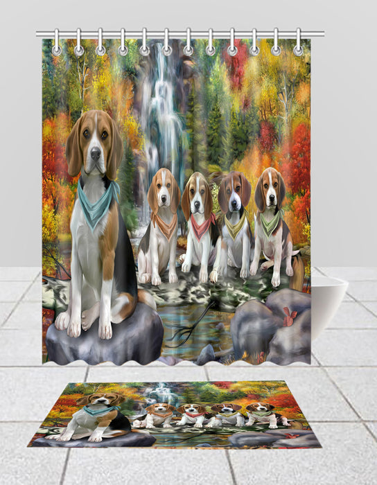 Scenic Waterfall Beagle Dogs Bath Mat and Shower Curtain Combo