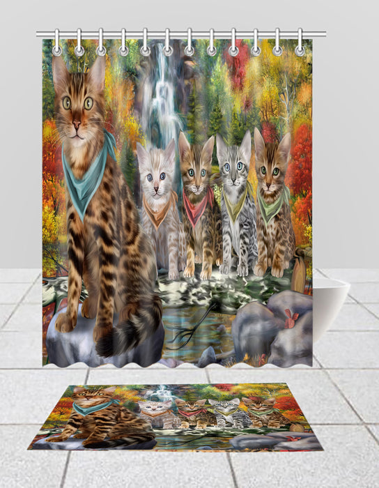 Scenic Waterfall Bengal Cats Bath Mat and Shower Curtain Combo
