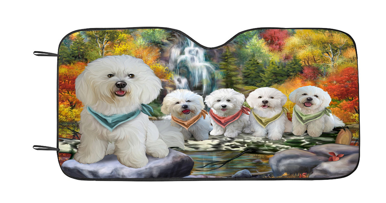 Scenic Waterfall Bichon Dogs Car Sun Shade