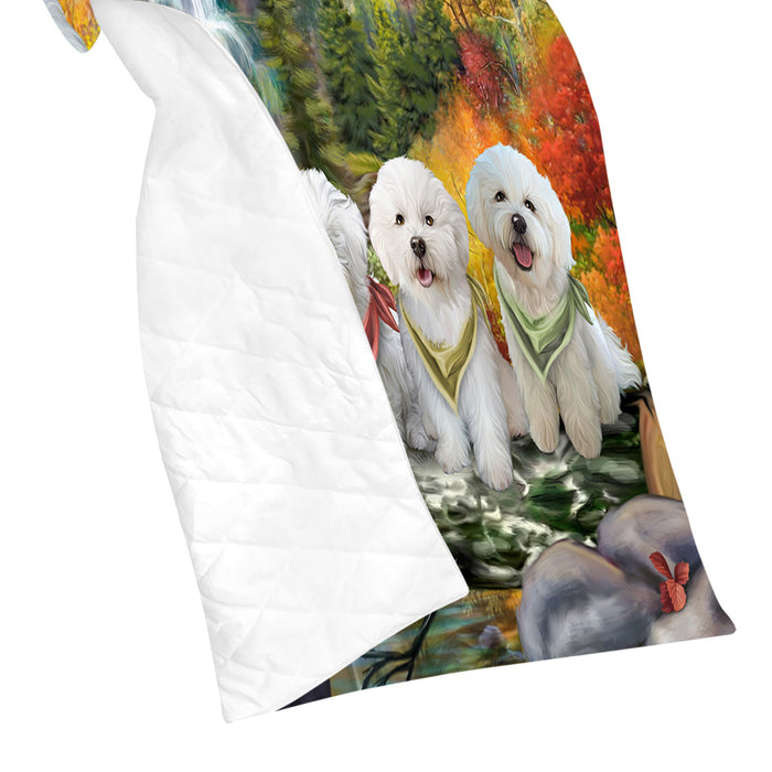 Scenic Waterfall Bichon Dogs Quilt