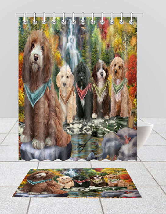 Scenic Waterfall Cockapoo Dogs Bath Mat and Shower Curtain Combo