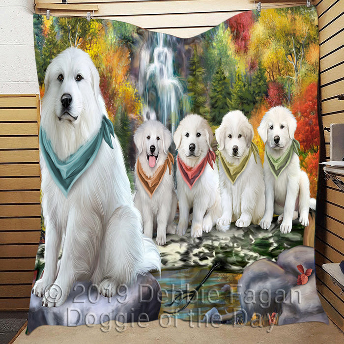 Scenic Waterfall Great Pyrenee Dogs Quilt