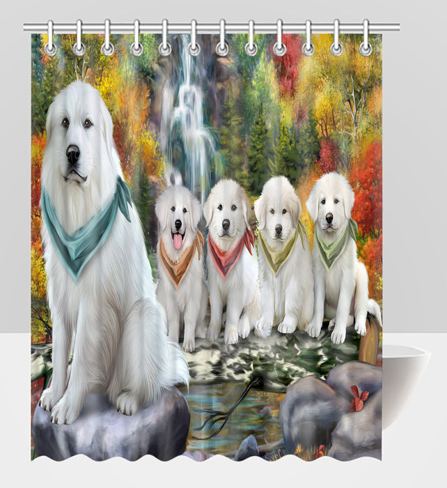 Scenic Waterfall Great Pyrenee Dogs Shower Curtain