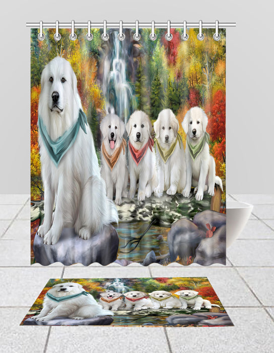 Scenic Waterfall Great Pyrenee Dogs Bath Mat and Shower Curtain Combo