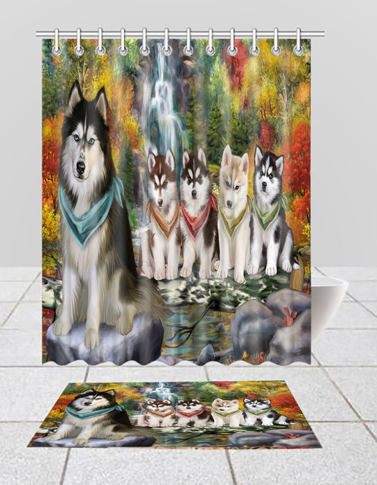 Scenic Waterfall Siberian Husky Dogs Bath Mat and Shower Curtain Combo