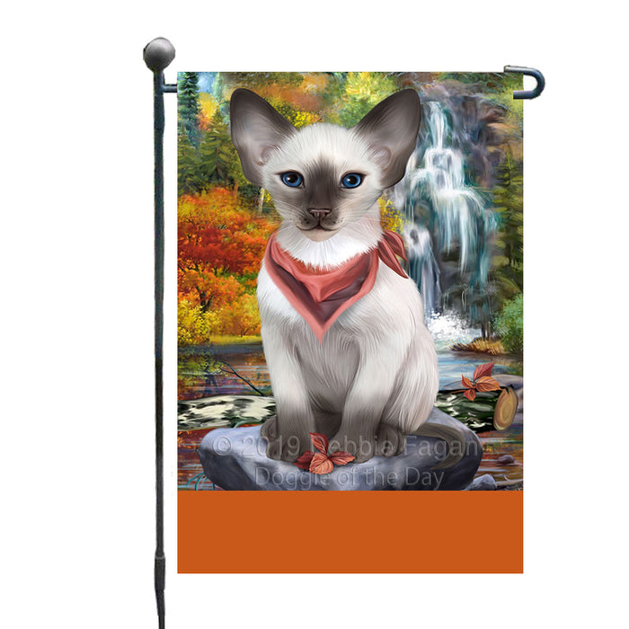 Personalized Scenic Waterfall Oriental Blue-Point Siamese Cat Custom Garden Flags GFLG-DOTD-A61067