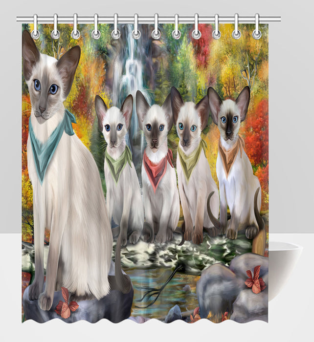 Scenic Waterfall Oriental Blue Point Siamese Cats Shower Curtain