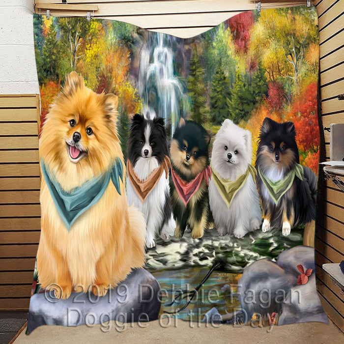 Scenic Waterfall Pomeranian Dogs Quilt