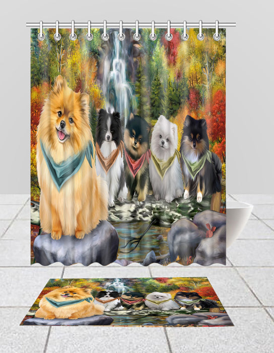 Scenic Waterfall Pomeranian Dogs Bath Mat and Shower Curtain Combo