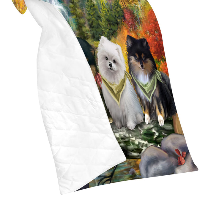 Scenic Waterfall Pomeranian Dogs Quilt