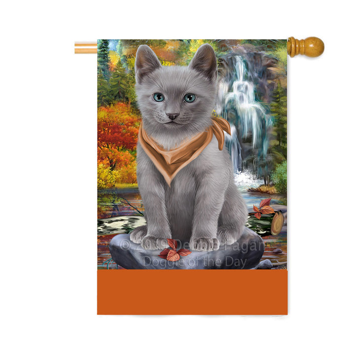 Personalized Scenic Waterfall Russian Blue Cat Custom House Flag FLG-DOTD-A61159