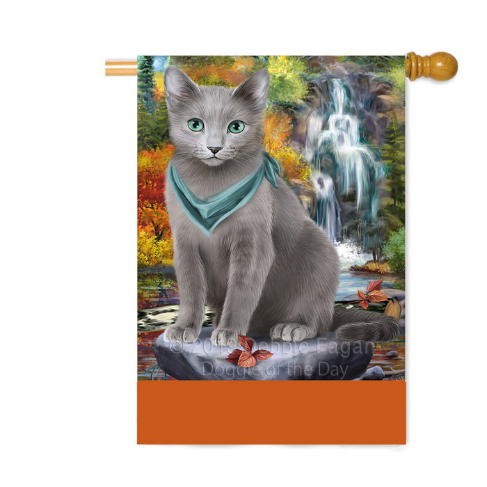 Personalized Scenic Waterfall Russian Blue Cat Custom House Flag FLG-DOTD-A61160