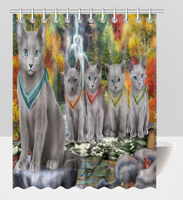Scenic Waterfall Russian Blue Cats Shower Curtain