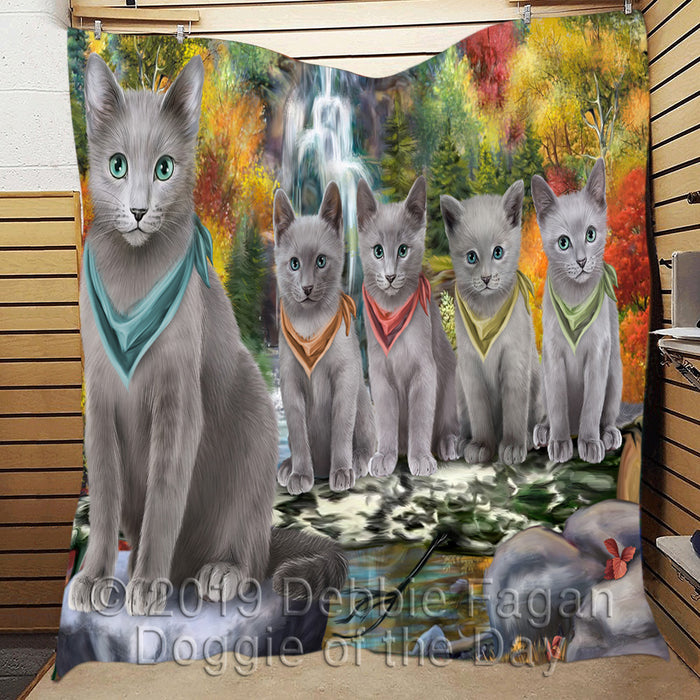 Scenic Waterfall Russian Blue Cats Quilt