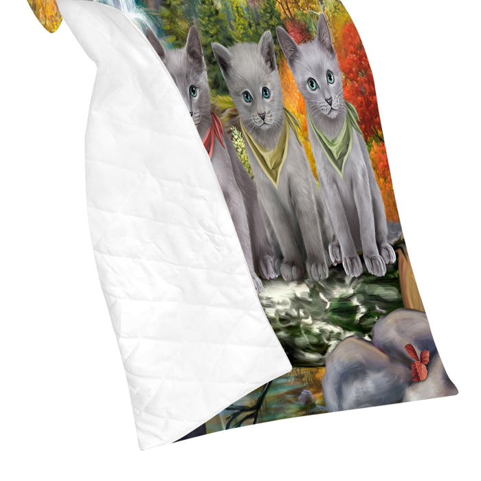 Scenic Waterfall Russian Blue Cats Quilt