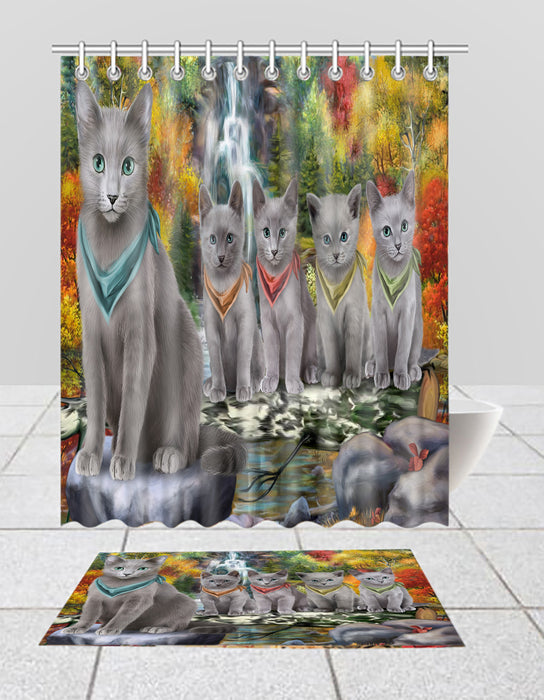 Scenic Waterfall Russian Blue Cats Bath Mat and Shower Curtain Combo