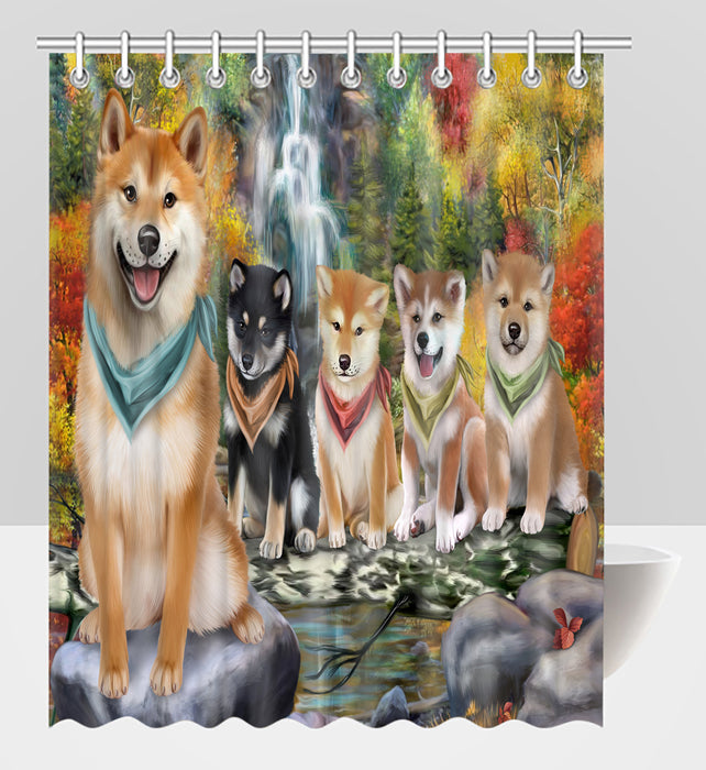 Scenic Waterfall Shiba Inu Dogs Shower Curtain