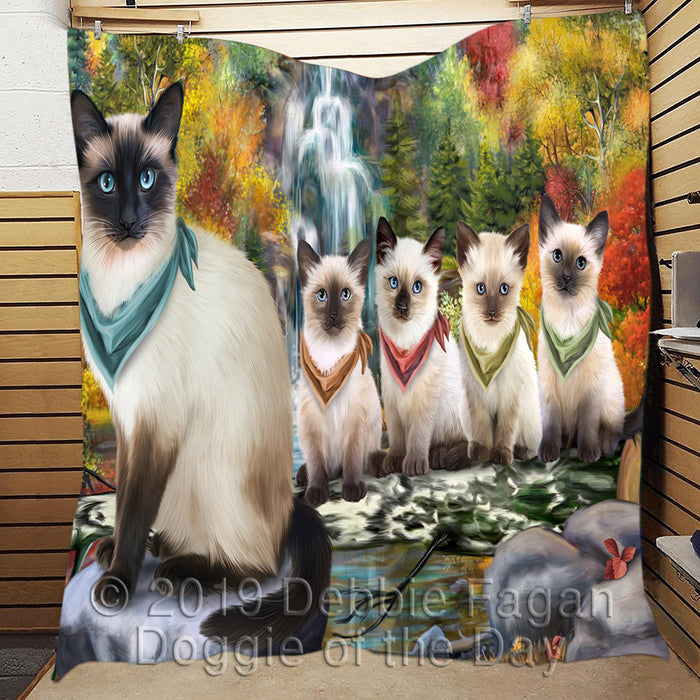 Scenic Waterfall Siamese Cats Quilt