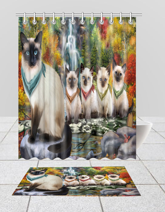 Scenic Waterfall Siamese Cats Bath Mat and Shower Curtain Combo