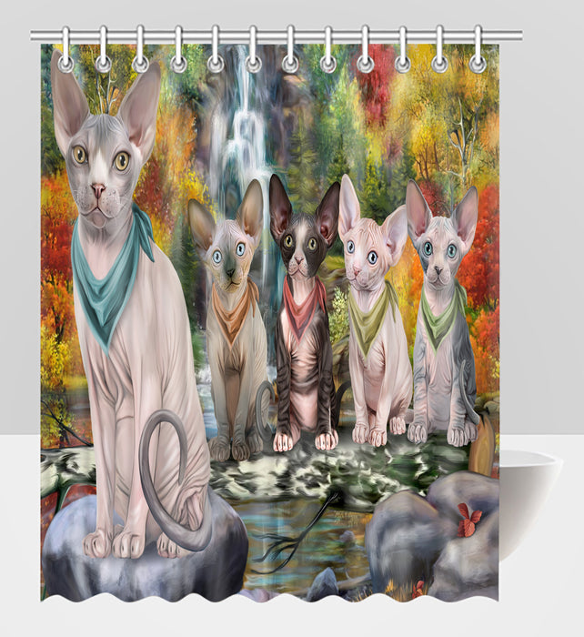 Scenic Waterfall Sphynx Cats Shower Curtain