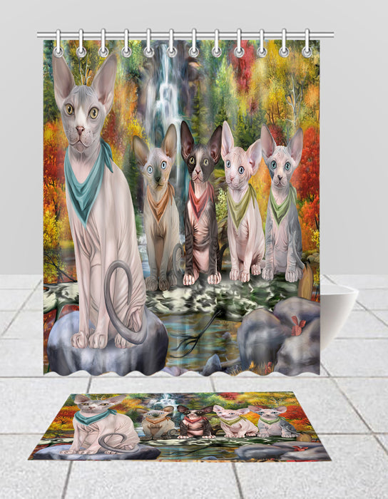 Scenic Waterfall Sphynx Cats Bath Mat and Shower Curtain Combo