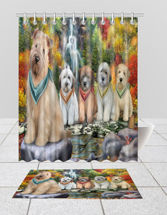 Scenic Waterfall Wheaten Terrier Dogs Bath Mat and Shower Curtain Combo