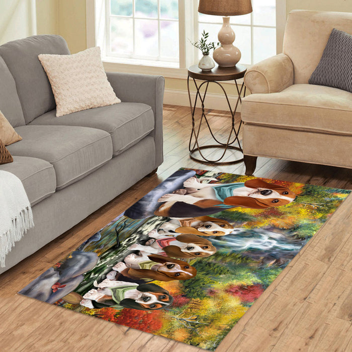 Scenic Waterfall Basset Hound Dogs Area Rug