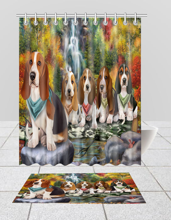 Scenic Waterfall Basset Hound Dogs Bath Mat and Shower Curtain Combo