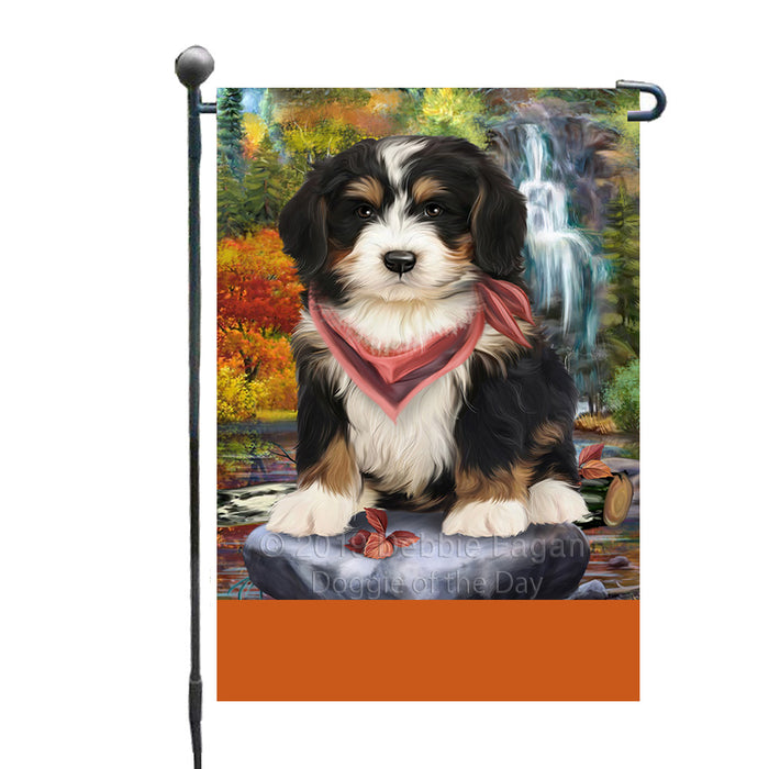 Personalized Scenic Waterfall Bernedoodle Dog Custom Garden Flags GFLG-DOTD-A60923