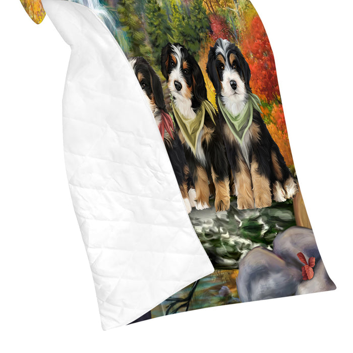Scenic Waterfall Bernedoodle Dogs Quilt