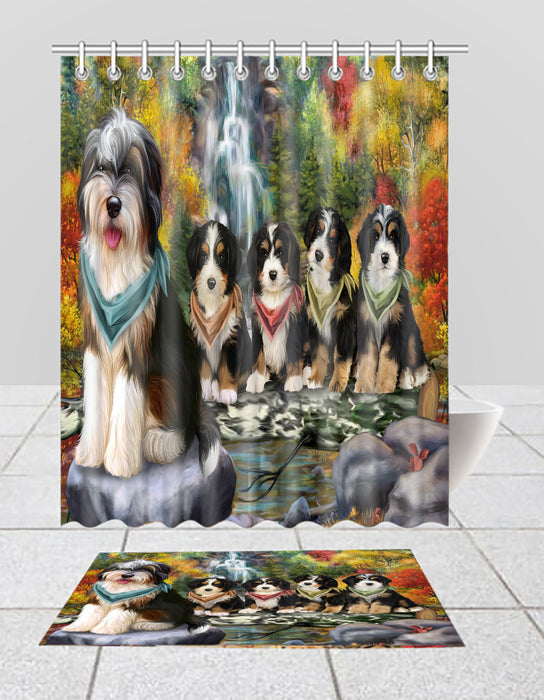 Scenic Waterfall Bernedoodle Dogs Bath Mat and Shower Curtain Combo