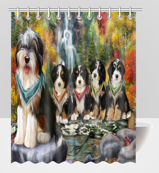 Scenic Waterfall Bernedoodle Dogs Shower Curtain