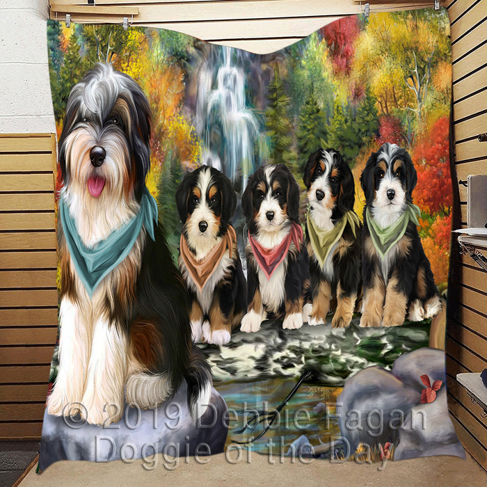 Scenic Waterfall Bernedoodle Dogs Quilt