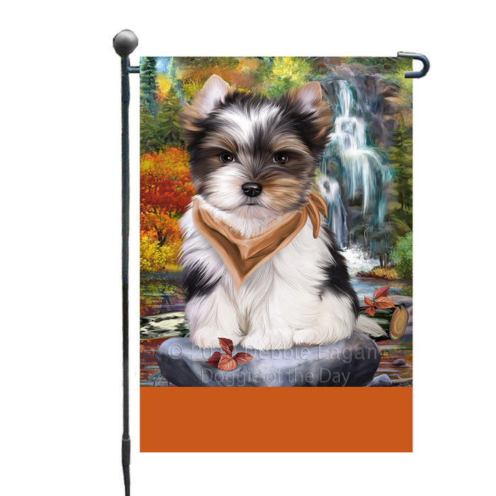 Personalized Scenic Waterfall Biewer Terrier Dog Custom Garden Flags GFLG-DOTD-A60929