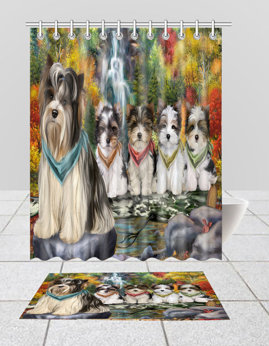 Scenic Waterfall Biewer Dogs Bath Mat and Shower Curtain Combo