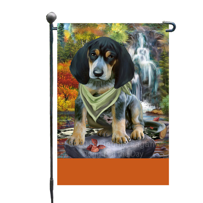 Personalized Scenic Waterfall Bluetick Coonhound Dog Custom Garden Flags GFLG-DOTD-A60939