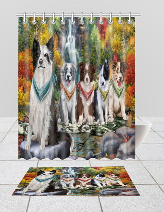 Scenic Waterfall Border Collie Dogs Bath Mat and Shower Curtain Combo