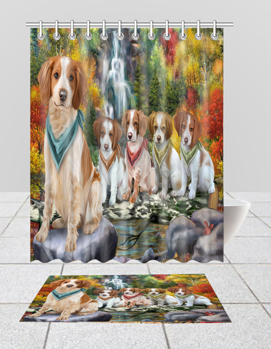 Scenic Waterfall Brittany Spaniel Dogs Bath Mat and Shower Curtain Combo