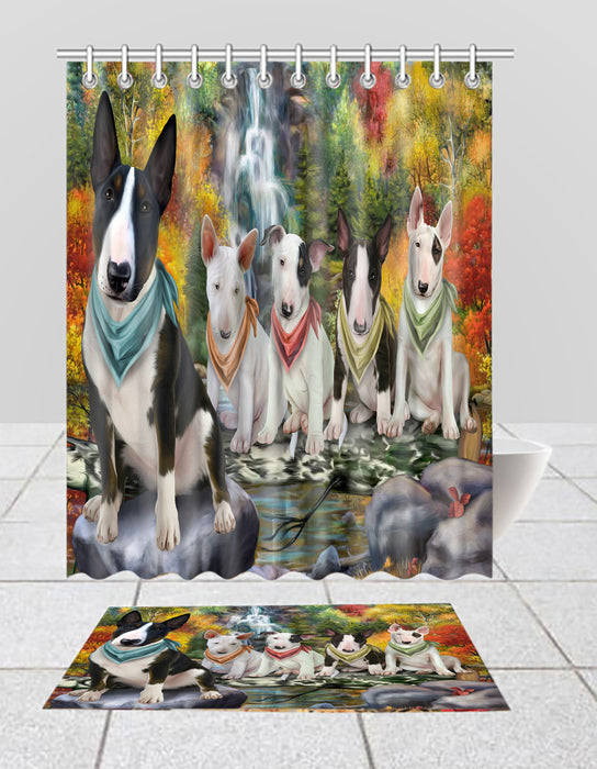 Scenic Waterfall Bull Terrier Dogs Bath Mat and Shower Curtain Combo