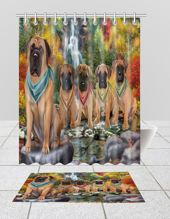 Scenic Waterfall Bullmastiff Dogs Bath Mat and Shower Curtain Combo