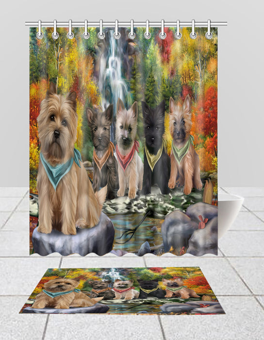 Scenic Waterfall Cairn Terrier Dogs Bath Mat and Shower Curtain Combo
