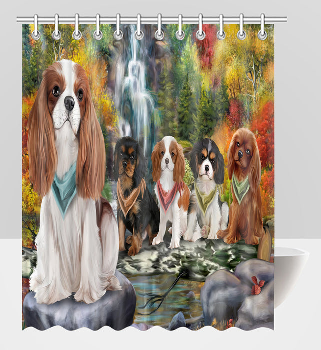 Scenic Waterfall Cavalier King Charles Spaniel Dogs Shower Curtain