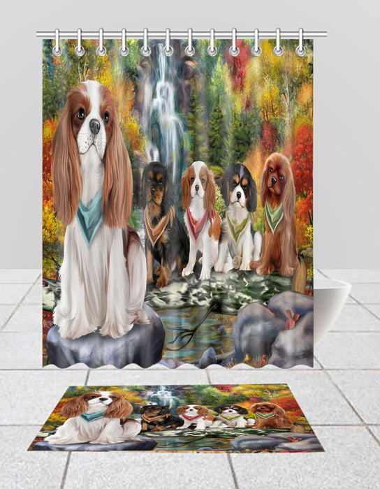 Scenic Waterfall Cavalier King Charles Spaniel Dogs Bath Mat and Shower Curtain Combo