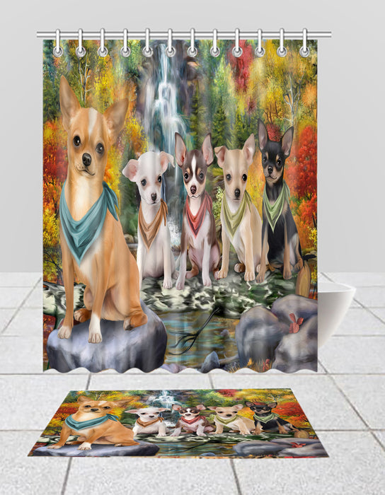 Scenic Waterfall Chihuahua Dogs Bath Mat and Shower Curtain Combo